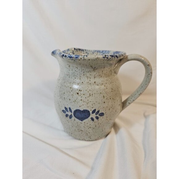 Vintage Speckled Stoneware Creamer Pitcher With Heart & Blue Floral Design - Picture 1 of 9